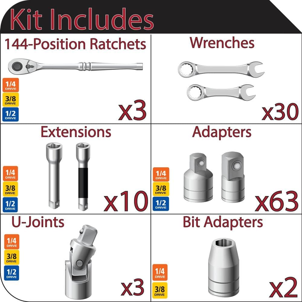 Husky 1/4 in., 3/8 in. and 1/2 in. Drive 144-Position Ratchet, Accessory, and Ratcheting Wrench Set (52-Piece) (2)