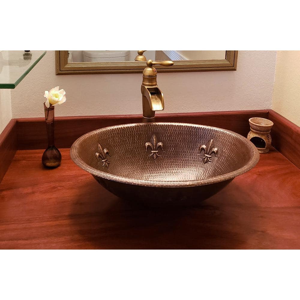 Premier Copper Products Self-Rimming Oval Fleur-De-Lis Hammered Copper Bathroom Sink in Oil Rubbed Bronze (1)