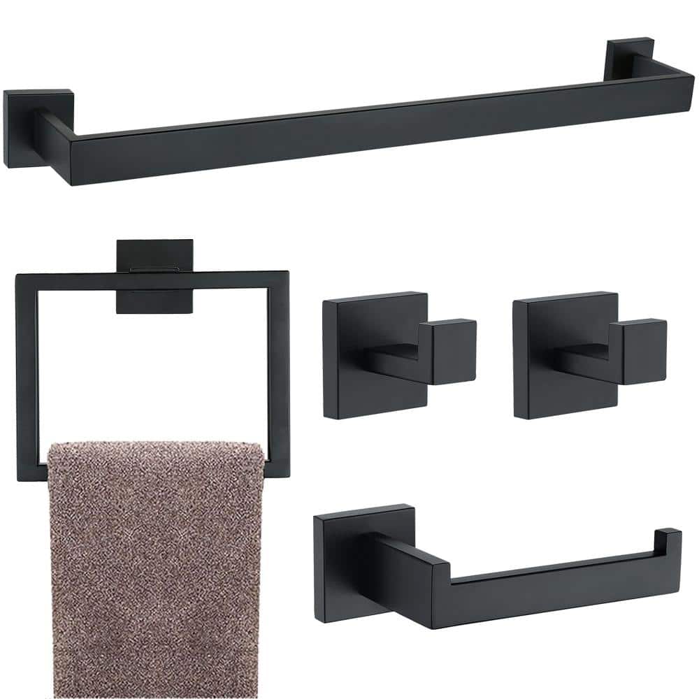 Unbranded 5-Pack 16 in. Wall Mount SUS304 Stainless Steel Square Bathroom Hardware Accessory Set in Matte Black (1)