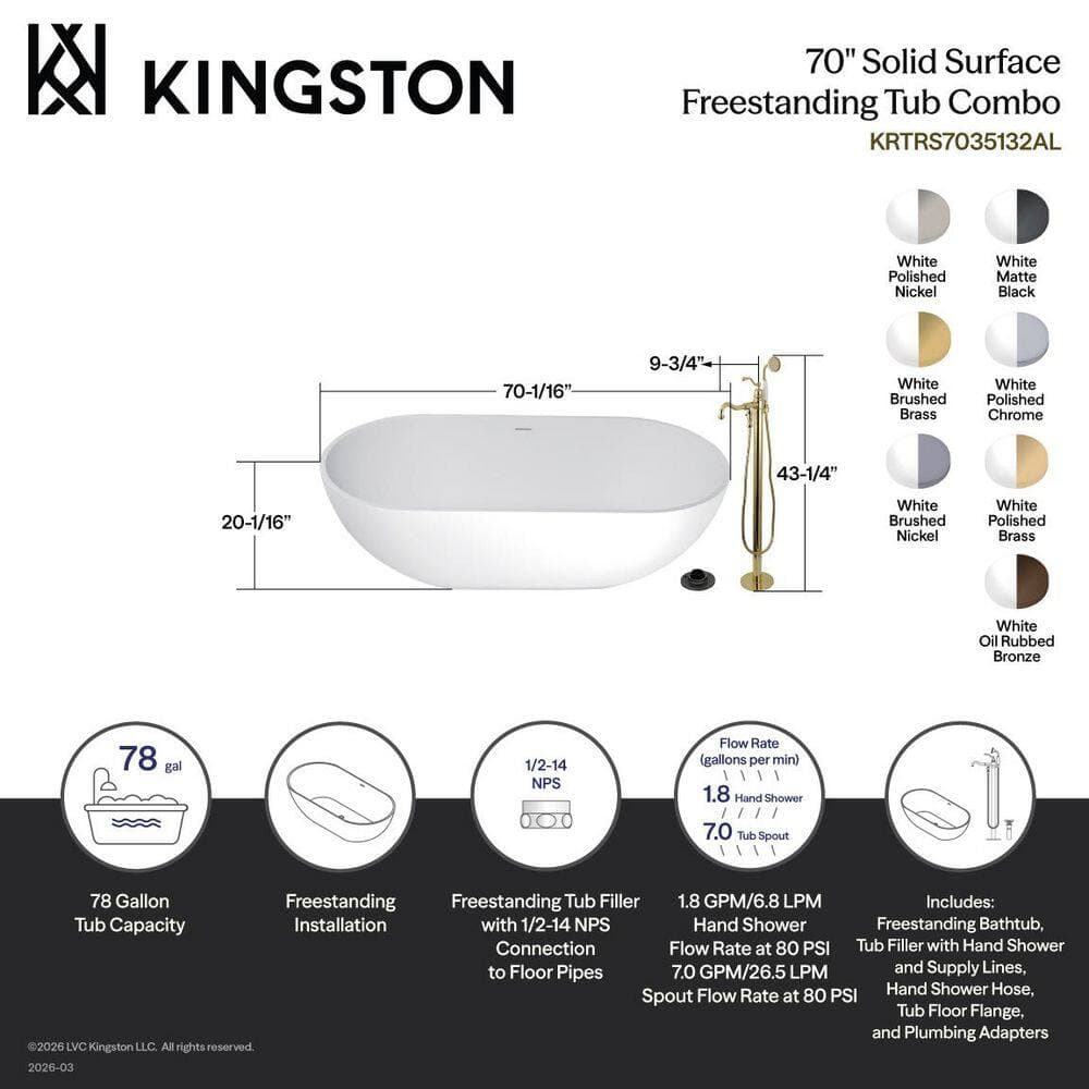 Kingston Brass Arcticstone 70.1 in. x 34.6 in. Surface White Stone Flatbottom Soaking Freestanding Bathtub in White/Polished Nickel (2)