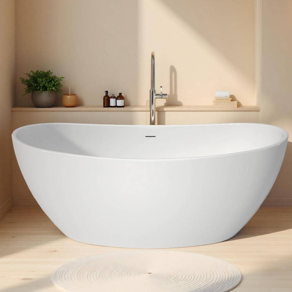 Cuschoice 60 Inch Acrylic Freestanding Bathtub,White,Fiberglass Reinforced,Scratch Stain Resistant, Easy Clean,Drain Not Included