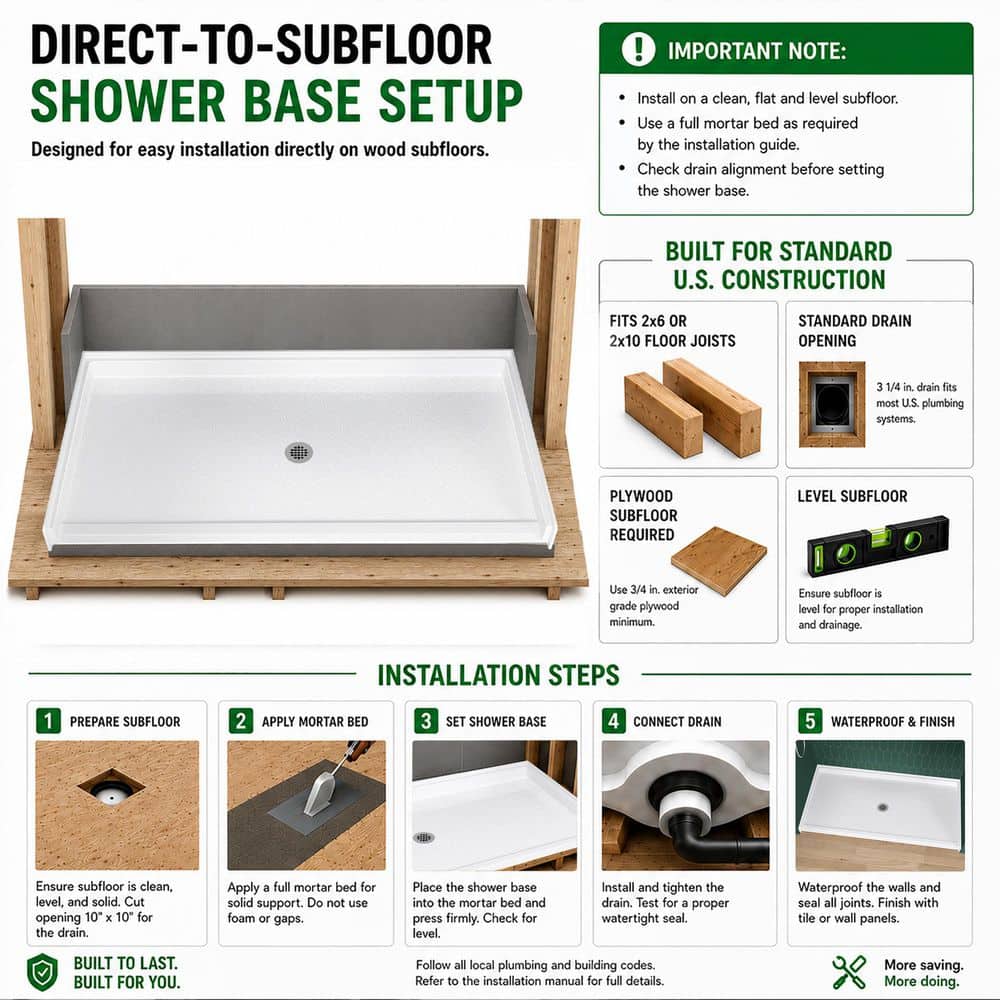 Zeafive 72 in. L 36 in. W Alcove Acrylic ADA Shower Pan Base with Drain Low Profile Wheelchair Accessible (4)