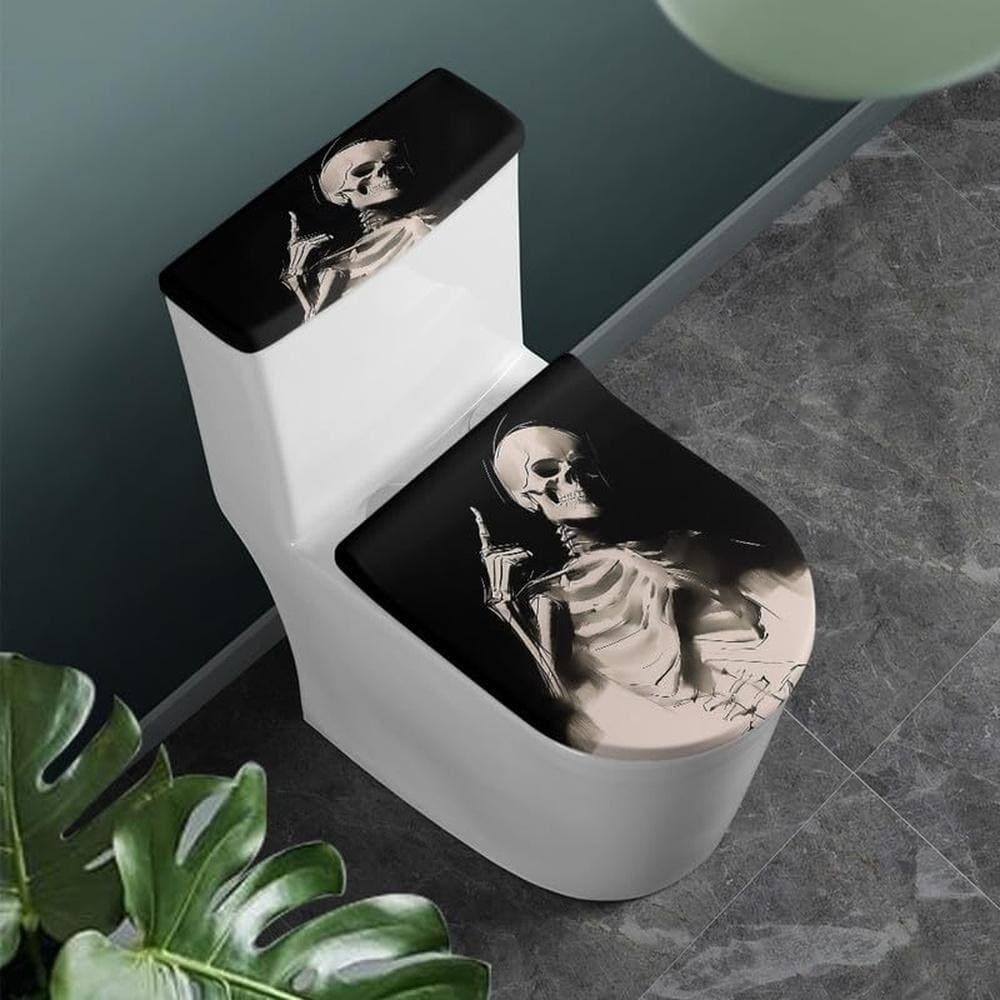 Unbranded 2-Piece Black White Skull Toilet Lid Tank Cover Set Polyester Elastic Universal Gothic Skeleton Decor (2)