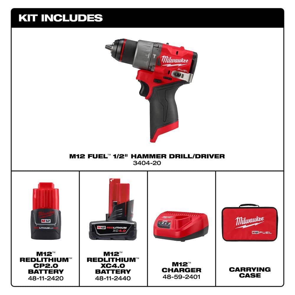 Milwaukee M12 FUEL 12V Lithium-Ion Brushless Cordless 1/2 in. Hammer Drill Kit with 4.0 Ah and 2.0 Ah Battery, Soft Case, and Fan (3)