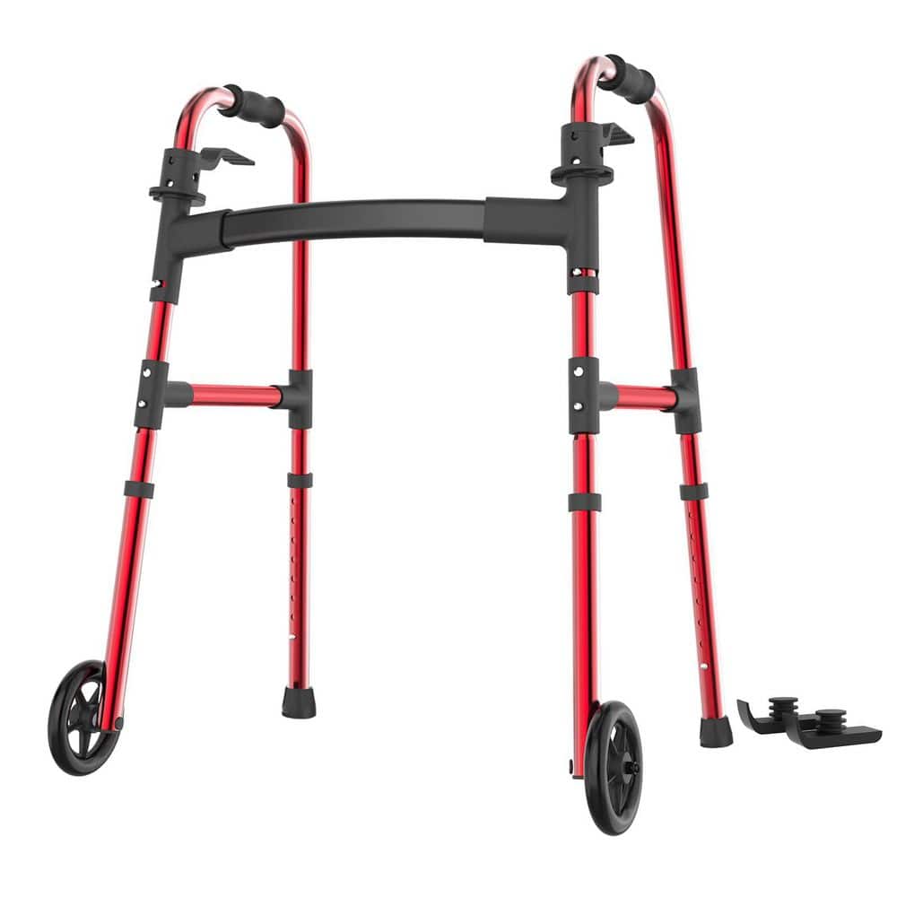 NVNOO 24 in. Adjustable Aluminum Folding Walker with Ski Glides 5 in. Front Wheel Medical for Handicap and Adults, Red (1)