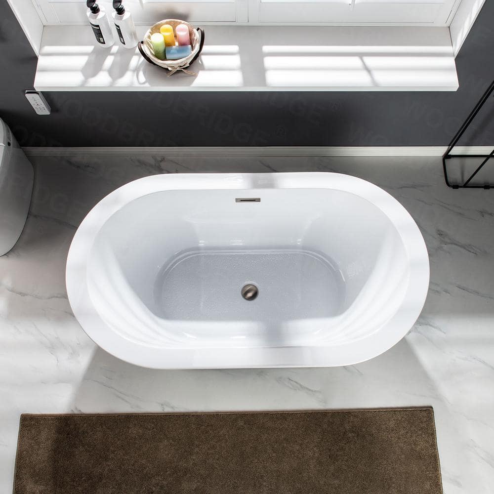 WOODBRIDGE Bloomfield Acrylic FlatBottom Double Ended Bathtub with Brushed Nickel Overflow and Drain Included White (4)