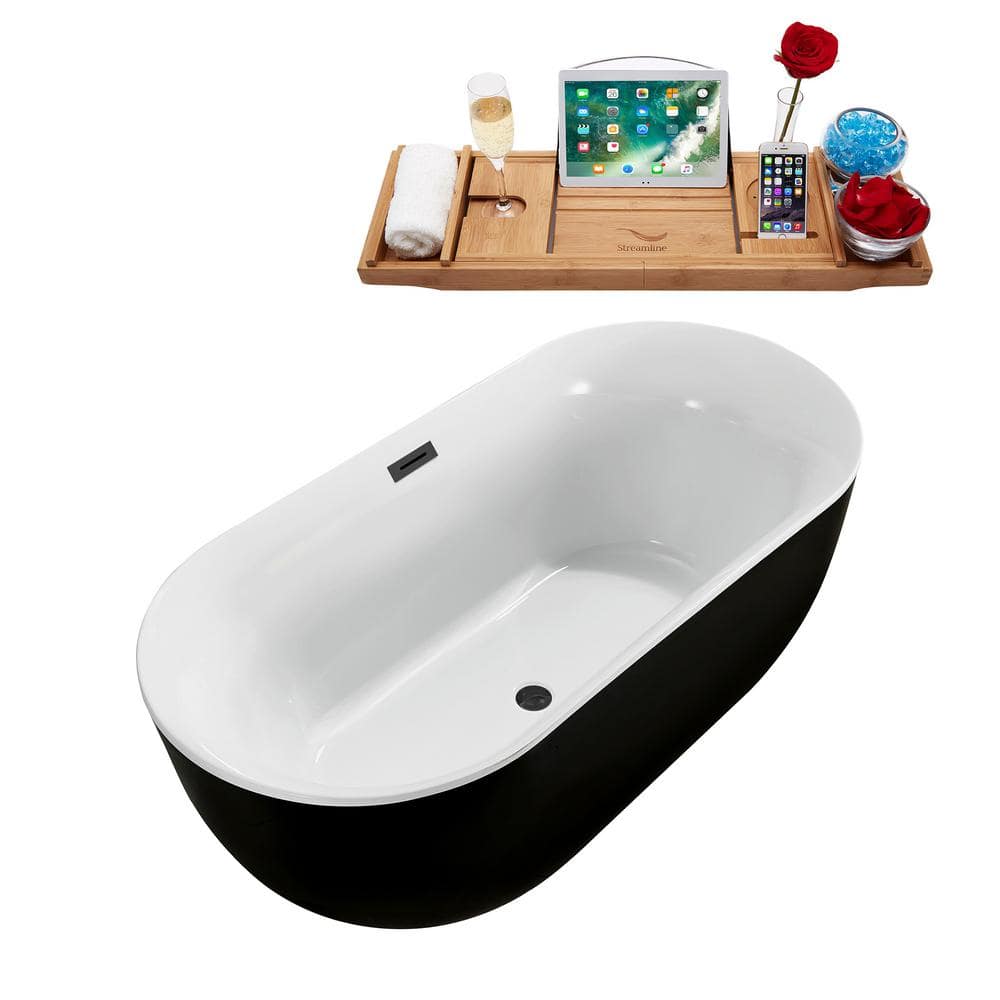 Streamline 59 in. Acrylic Flatbottom Non-Whirlpool Bathtub Glossy Black with Brushed Gun Metal Drain and Overflow Cover (3)