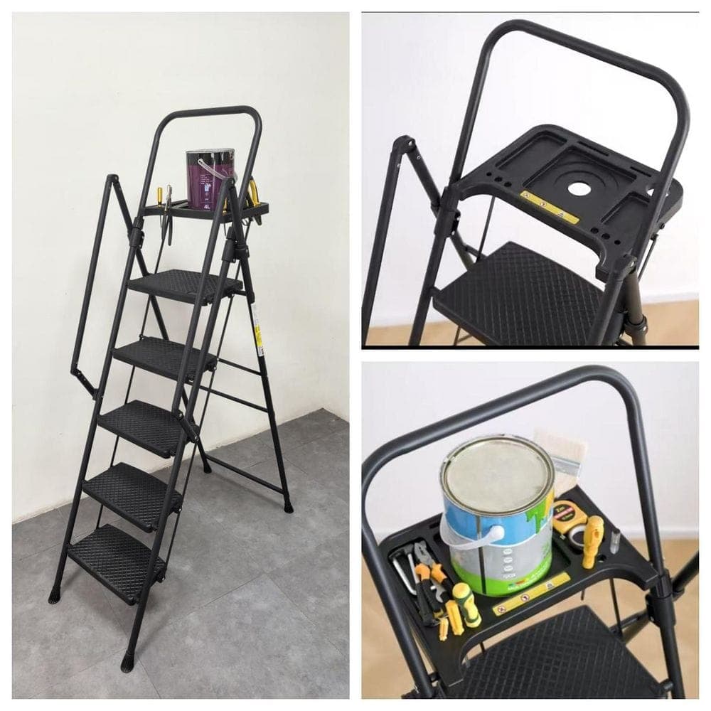 WRIGHTMASTER 5-Step Steel Folding Step Ladder (10 ft. Reach), 500 lb. Load Capacity, with Anti Slip Wide Pedals and Tool Tray (2)
