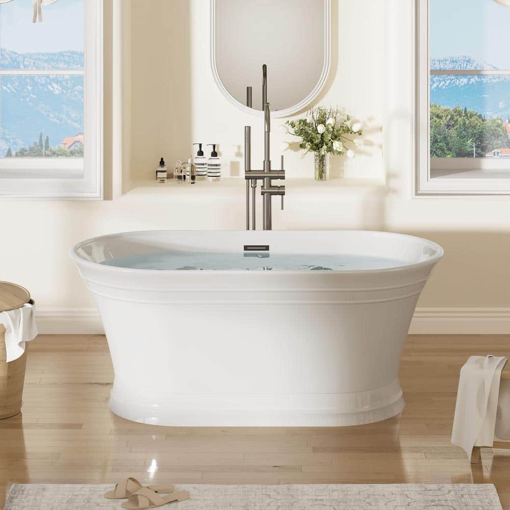FORCLOVER 59 in. x 31 in. Freestanding Soaking Bathtub with Center Drain and Groove overflow in White/Polished Chrome (1)