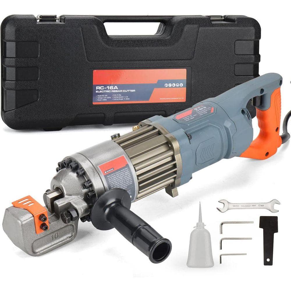KIWDZFU Electric Hydraulic Rebar Cutter 5/8 Cutting Speed 1-1.5s Portable Rebar Cutter 4-16mm 1000-Wattss Grey plus Orange (1)