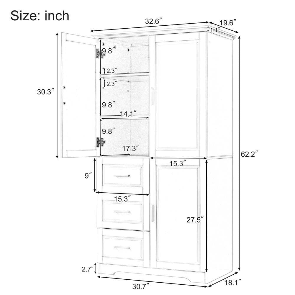 XUJMK 33 in W x 20 in D x 62 in H Linen Cabinet, Pantry Storage Cabinet in Black with Doors for Bathroom, Office, 3 Drawers (2)