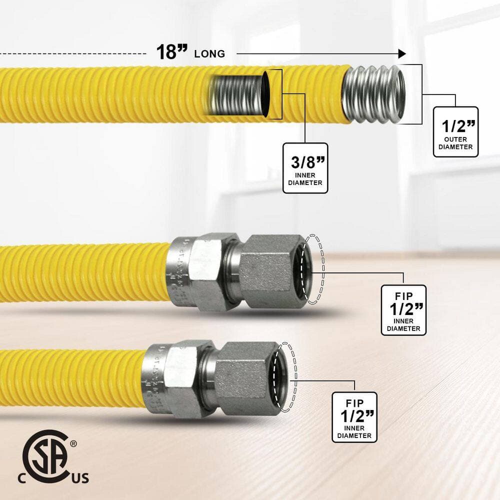 Unbranded 18 in. Gas Connector with Fittings, Yellow Coated Gas Connector, 1/2 in. OD, 1/2 in. FIP x 1/2 in. FIP Connection (2)