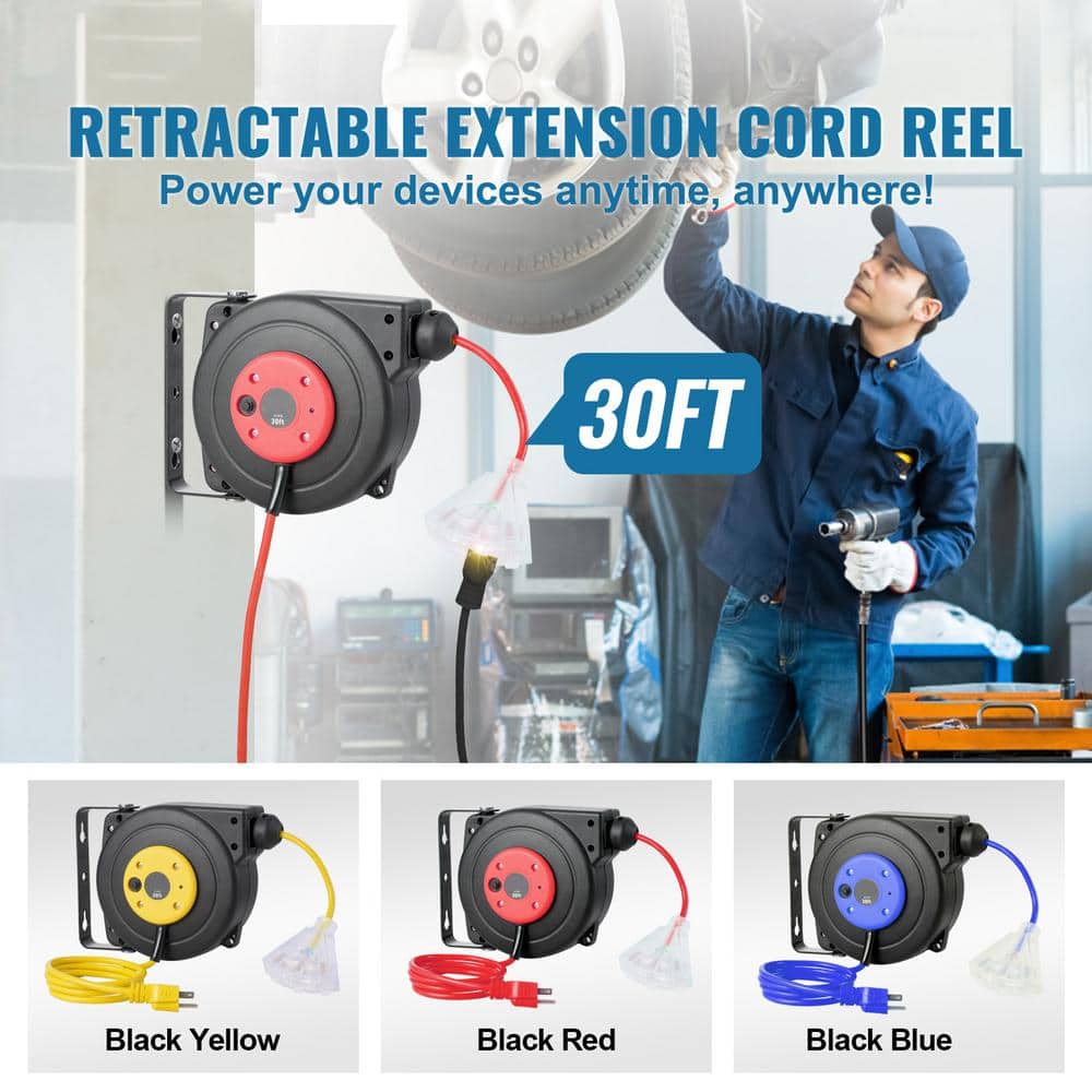 SVOPES Retractable Extension Reel, 30 ft. 16 / 3,10 Amp Retractable Extension Cord Reel with 1 Grounded Outlets and Tri-Tap end (2)