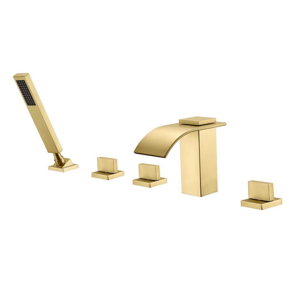 SUMERAIN Modern Triple Handle Tub Deck Mount Roman Tub Faucet with Hand Shower in Brushed Gold (1)