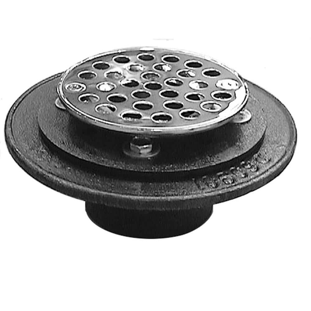 JONES STEPHENS Cast-Iron Shower and Floor Drain with 4 in. Round Stainless Steel Strainer for 2 in. FIP Drains