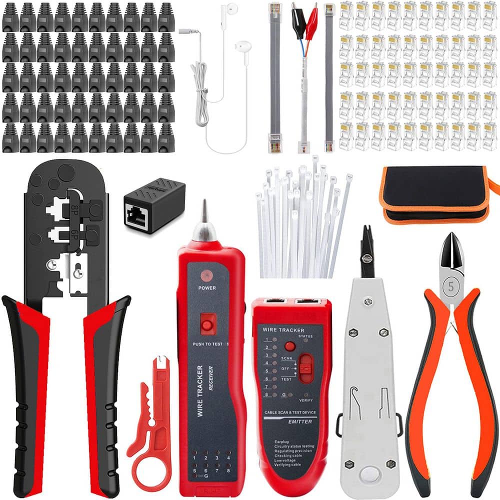 YICHUHAOXI 104-Piece Crimp Tool Set Red Ethernet Network Cable Crimping Tool Kit with Connectors Covers Cutter Stripper (1)
