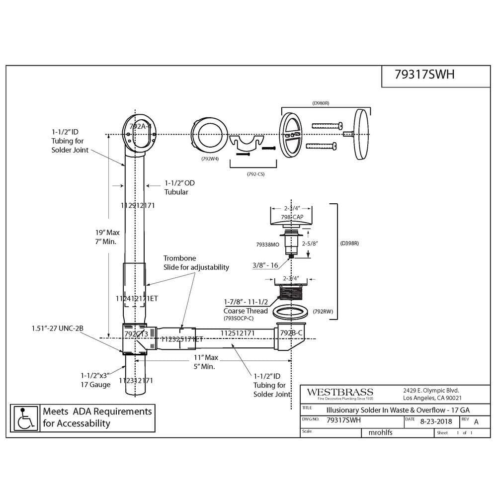 Westbrass 19 in. European Brass Bath Tub Waste Drain Kit (2)