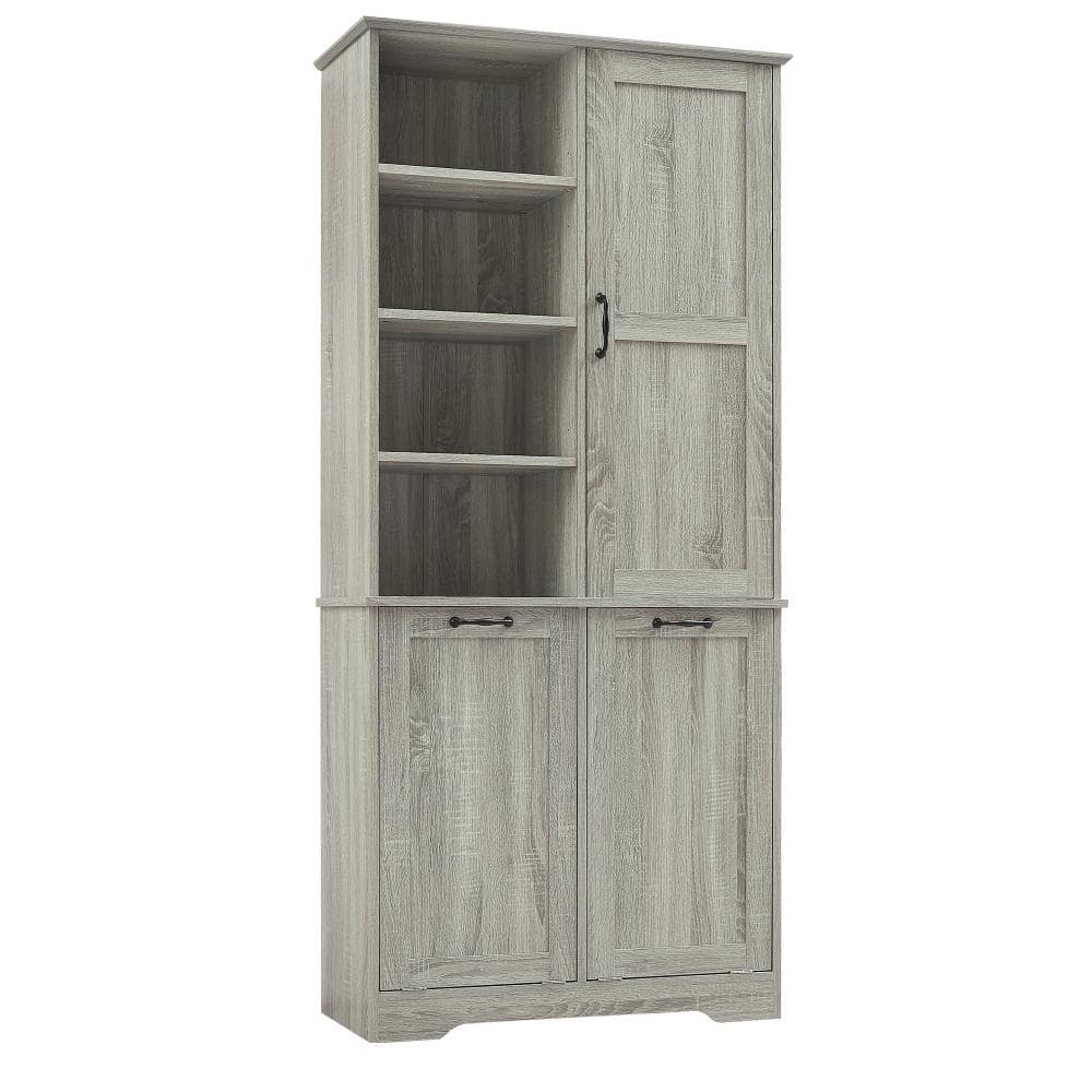 YSQCAR 31 in. W x 14 in. D x 68 in. H Oak MDF Freestanding Linen Cabinet with Doors and Drawers, Tilt-Out Laundry Hamper (1)