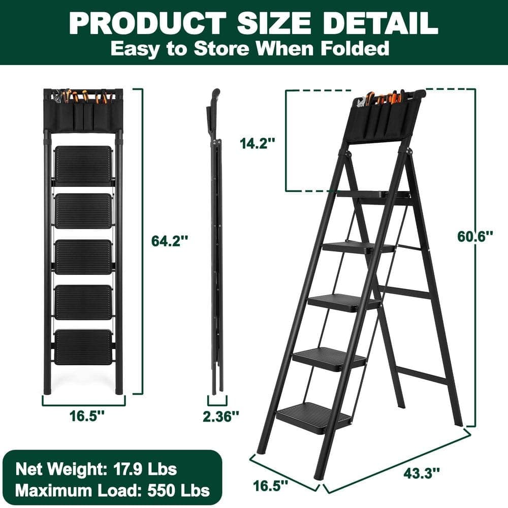 Tatayosi 5 Step Ladder Steel Folding Step Stool Ladder with Tool Bag, 550 lbs. Load Capacity (11 ft. Reach Height) (3)