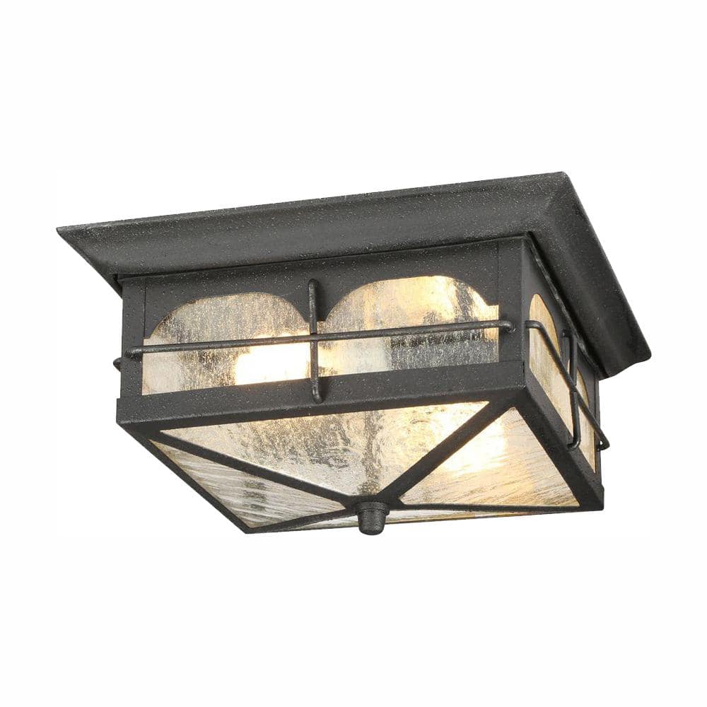 Home Decorators Collection Brimfield 11 in. Aged Iron Weather Resistant Outdoor Ceiling Light Flush Mount 2-Light with Clear Seedy Glass Shade (2)