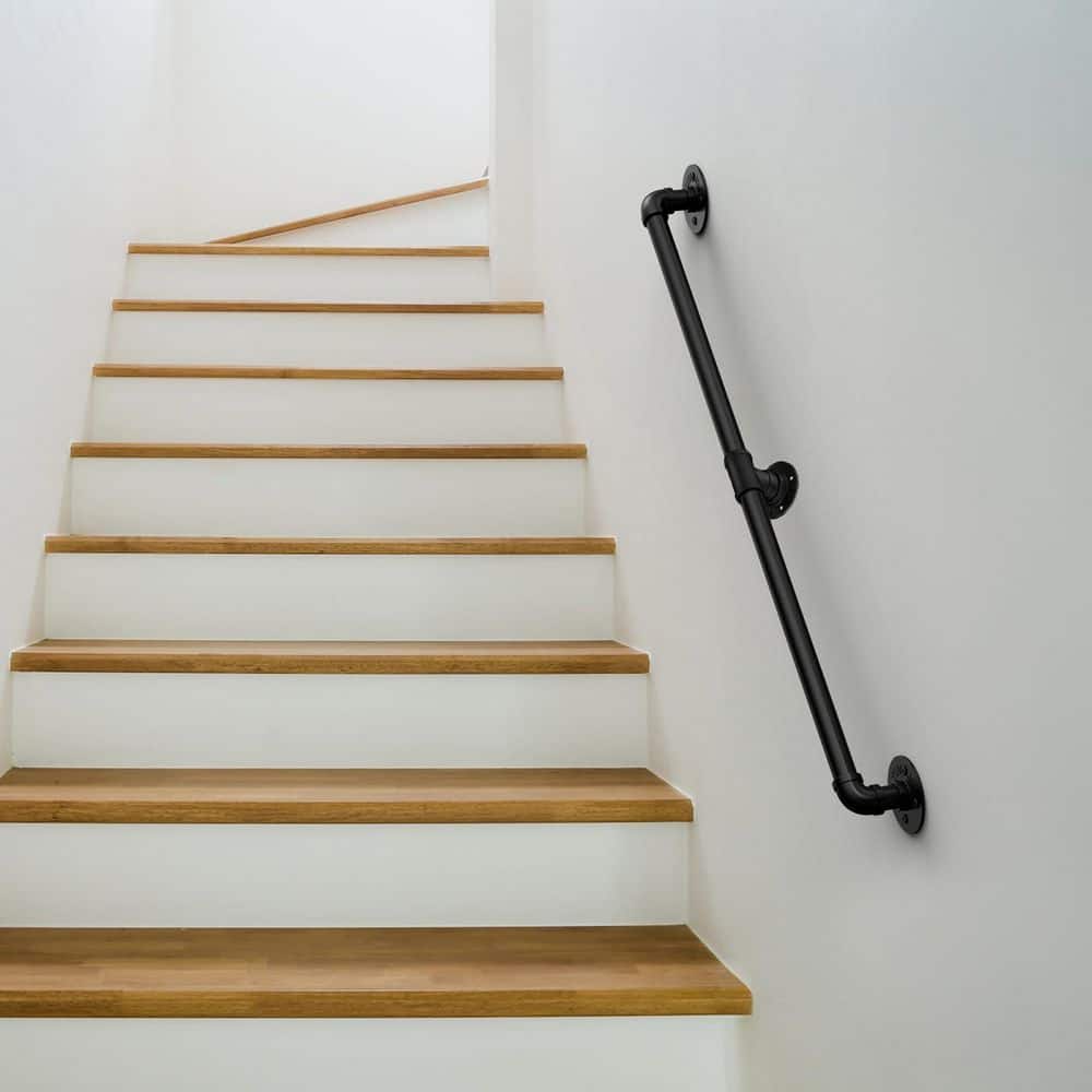 Unbranded 3 ft. Black Galvanized Wrought Iron Handrail Indoor Outdoor Stair Railing Wall Mount Safety Bar Vintage Style (2)