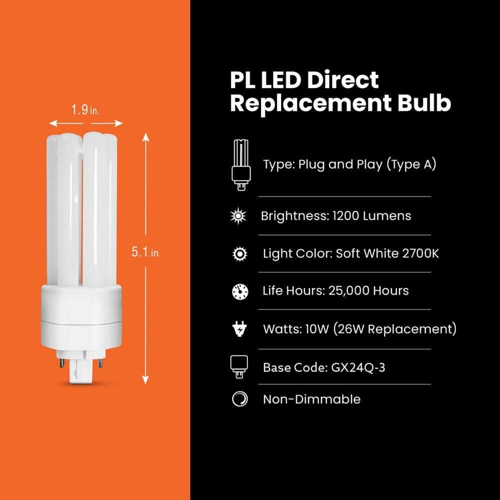 Feit Electric 26-Watt Equivalent PL QuadTube CFLNI 4-Pin Plugin G24Q-3 Base CFL Replacement LED Light Bulb, Soft White 2700K (1-Pack) (4)