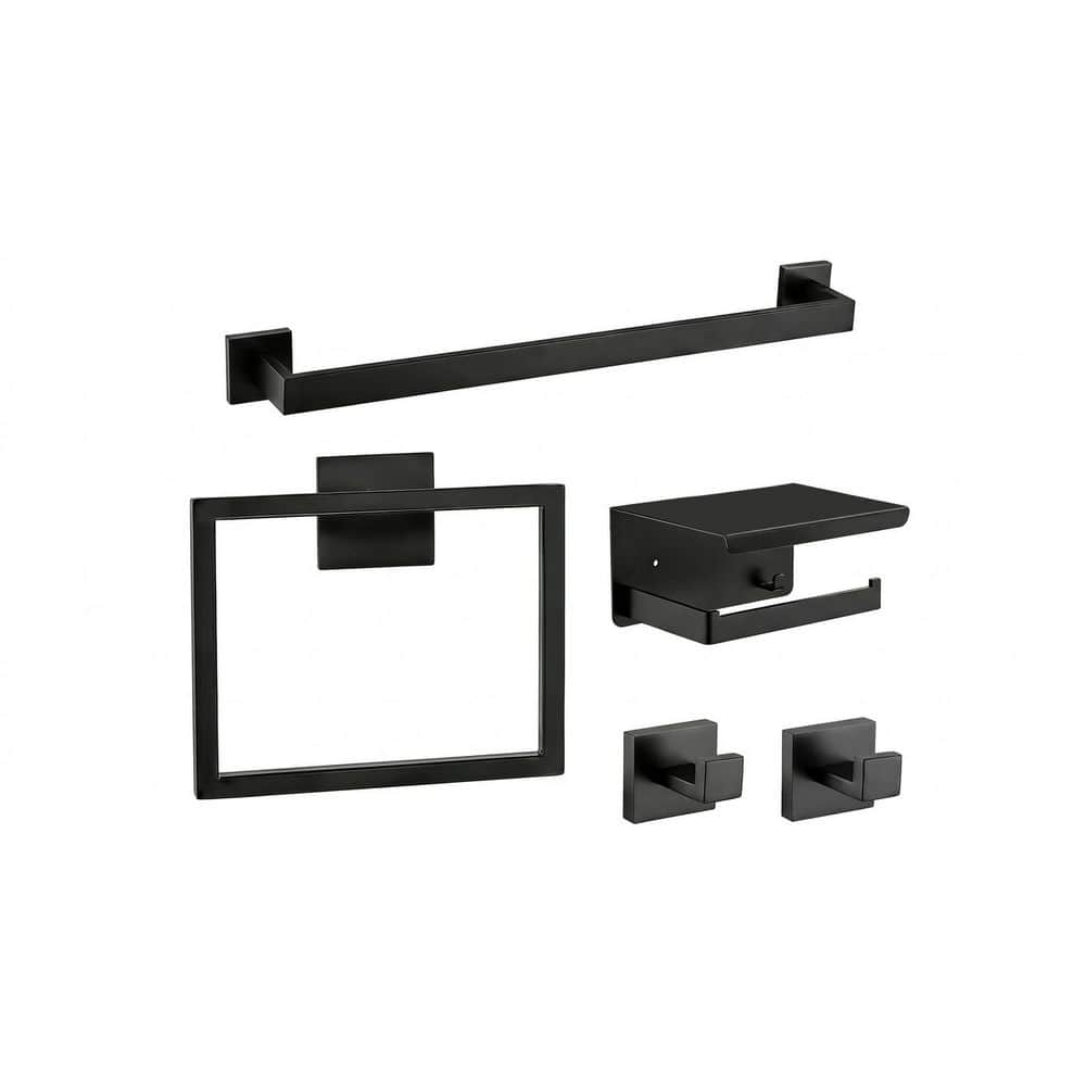 LAIFUCAM 5-Piece Bathroom Hardware Set with Towel Bar, Towel Ring, Toilet Paper Holder, 2 Hooks in Matte Black