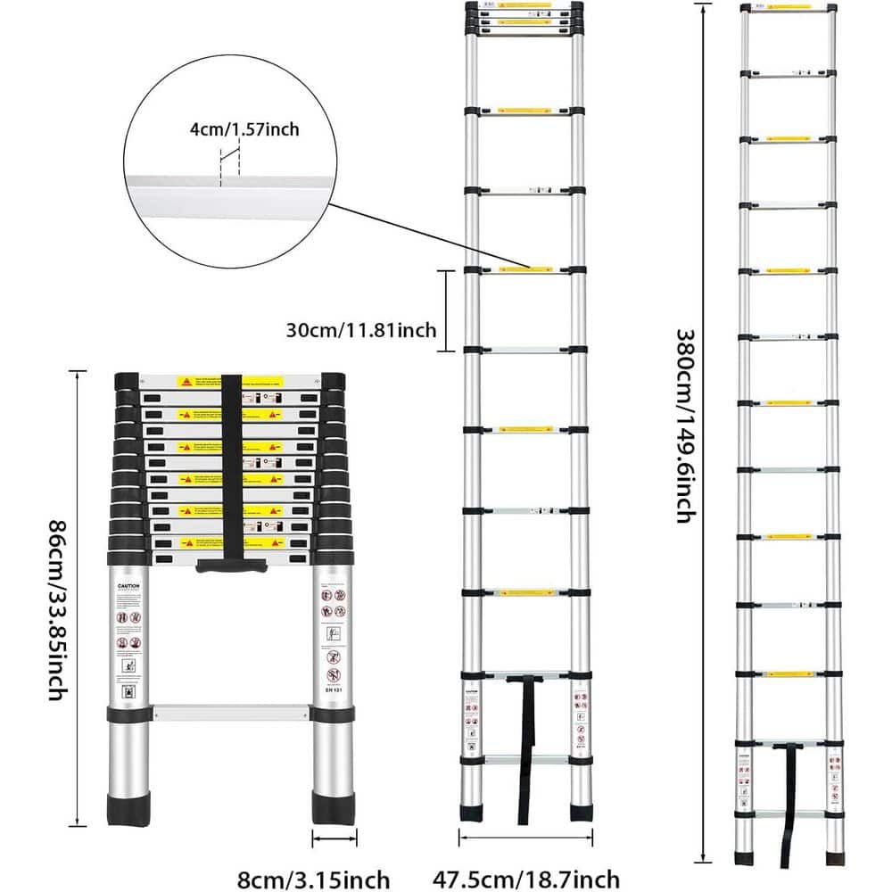 Unbranded 12.5 ft. Aluminum Telescopic Ladder, 330 lb. Capacity, EN131 Standard, for Indoor and Outdoor Use (3)