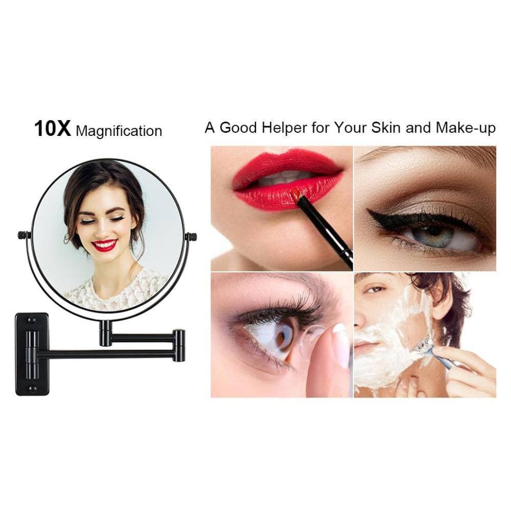 Tileon 8 in. Wx 8 in. H Small Round 10X HD Magnifying Double Sided Telescopic Wall Bathroom Makeup Mirror in Black (2)