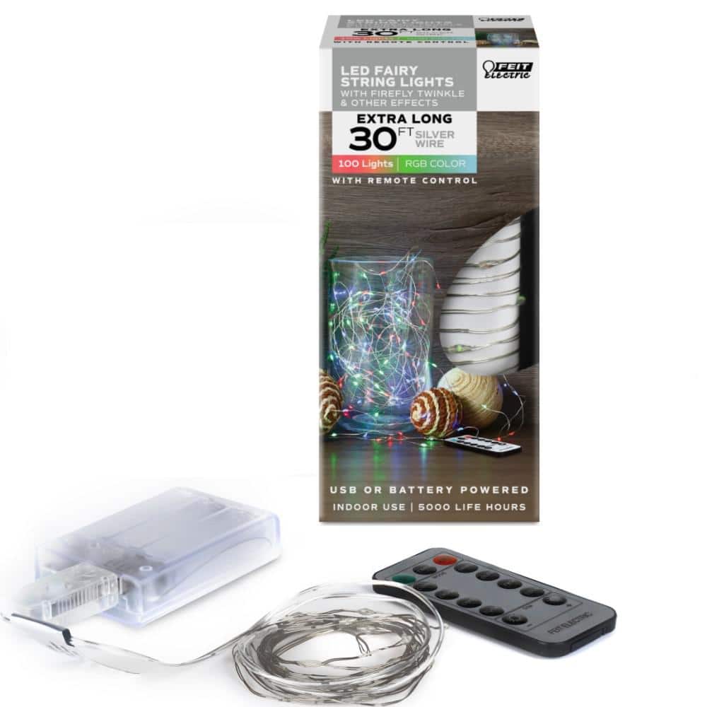Feit Electric 100-Light 30 ft. USB or Battery Operated Mini LED Indoor Silver Wire Red/Green/Blue Fairy String Light with Remote (2)