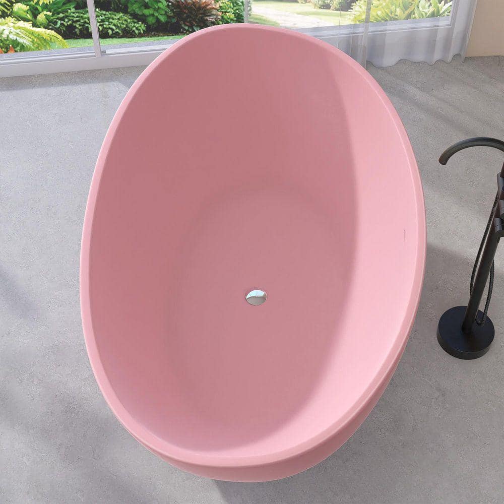 NTQ 63 in. x 37.5 in. Free Standing Deep Soaking Double Slipper Bath Tub Oval Acrylic Freestanding Bathtubs in Matte Pink (3)
