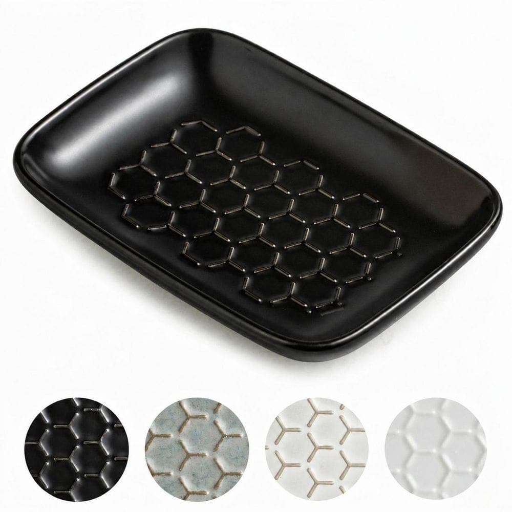 Unbranded Black Ceramic Soap Dish with Honeycomb Design Bar Soap Saver Tray for Bathroom Shower and Kitchen Sink (1)