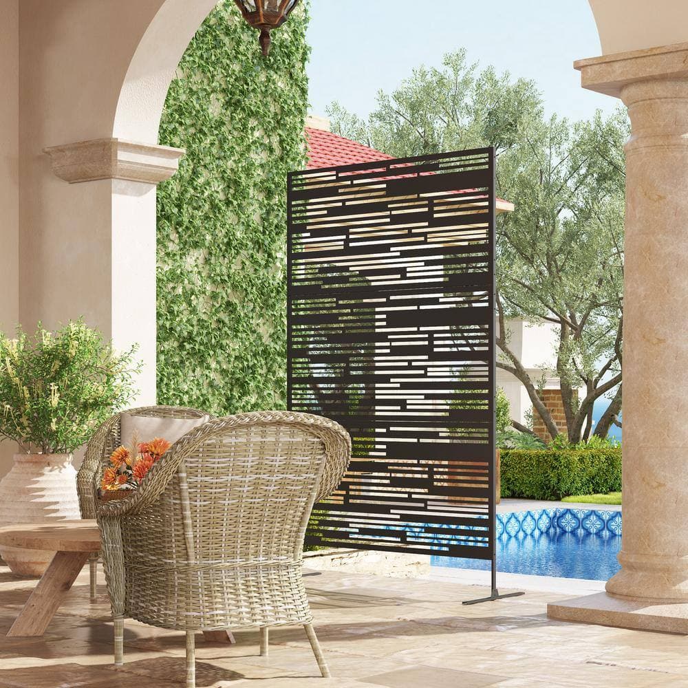 Outsunny Steel Outdoor Privacy Screen, 78 in. H x 48 in. W Decorative Privacy Fence Screen, Freestanding Divider with Stand Black (2)