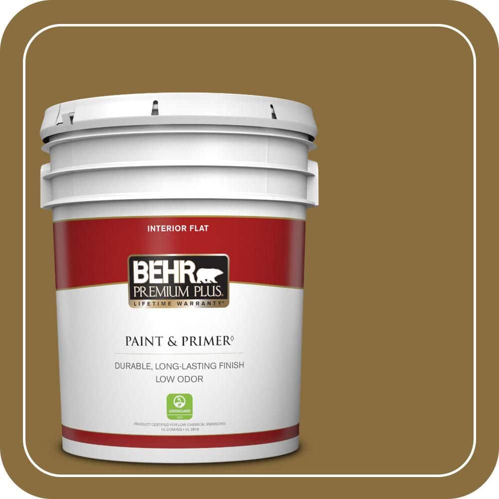 BEHR PREMIUM PLUS 5 Gal. #S310-7A Vintage Brass Flat Low Odor Interior Paint and Primer