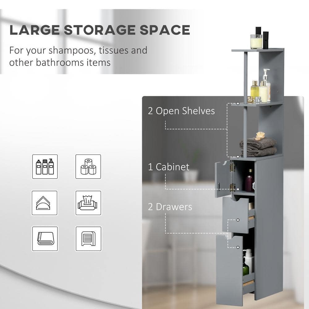 Tileon 6 in. W x 13 in. D x 54 in. H Gray Freestanding 1-Door Bathroom Linen Cabinet with 2-Drawers and Open Storage Shelves (3)