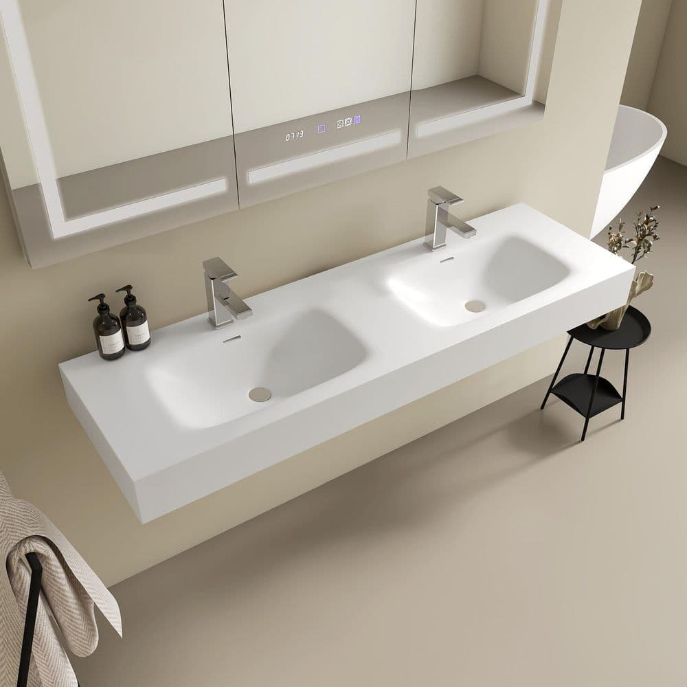 HOPROME 59 x 18 in. Solid Surface Wall Mount Bathroom Double Vessel Sink with Faucet Holes in Matte White (3)