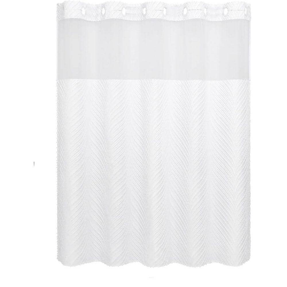 JFVKAF No Hook Boho Tufted Leaves Shower Curtain and Snap Liner Set with See Through Top Window 72x74 White Polyester (1)