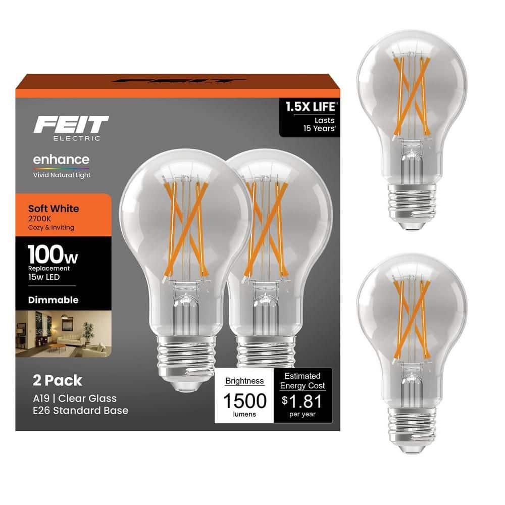 Feit Electric 100-Watt Equivalent A19 Dimmable CEC 90 Plus CRI Indoor LED Light Bulb, Soft White (2-Pack) (2)