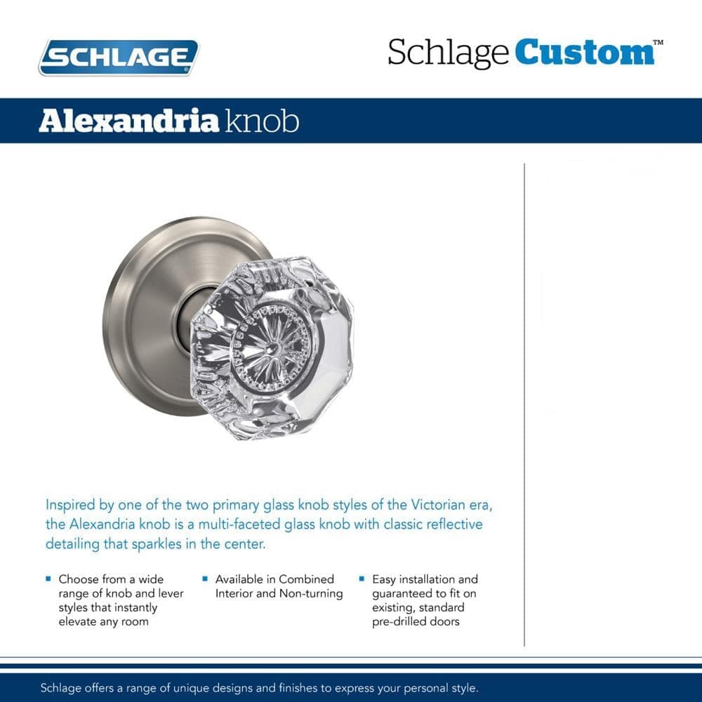 Schlage Custom Alexandria Satin Nickel Combined Interior Glass Door Knob with Alden Trim (2)