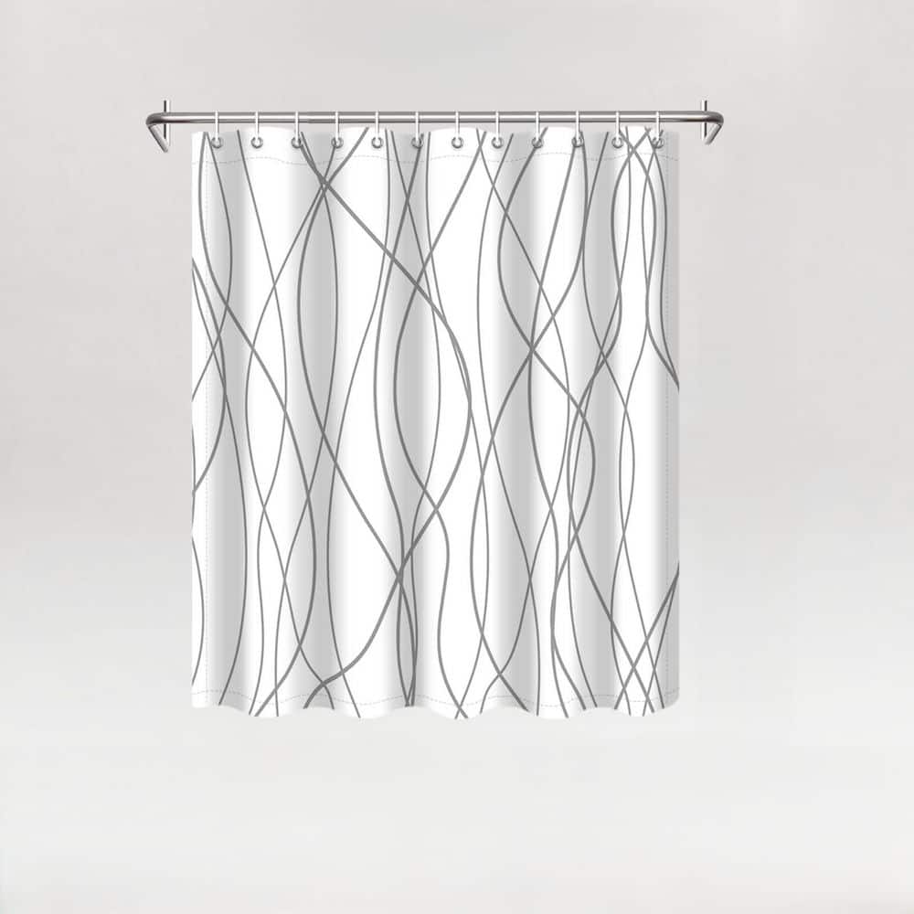 Wudkey 72 in. W x 78 in. L Polyester Shower Curtain with Hooks in Grey and White Striped, Weighted Hem (1)