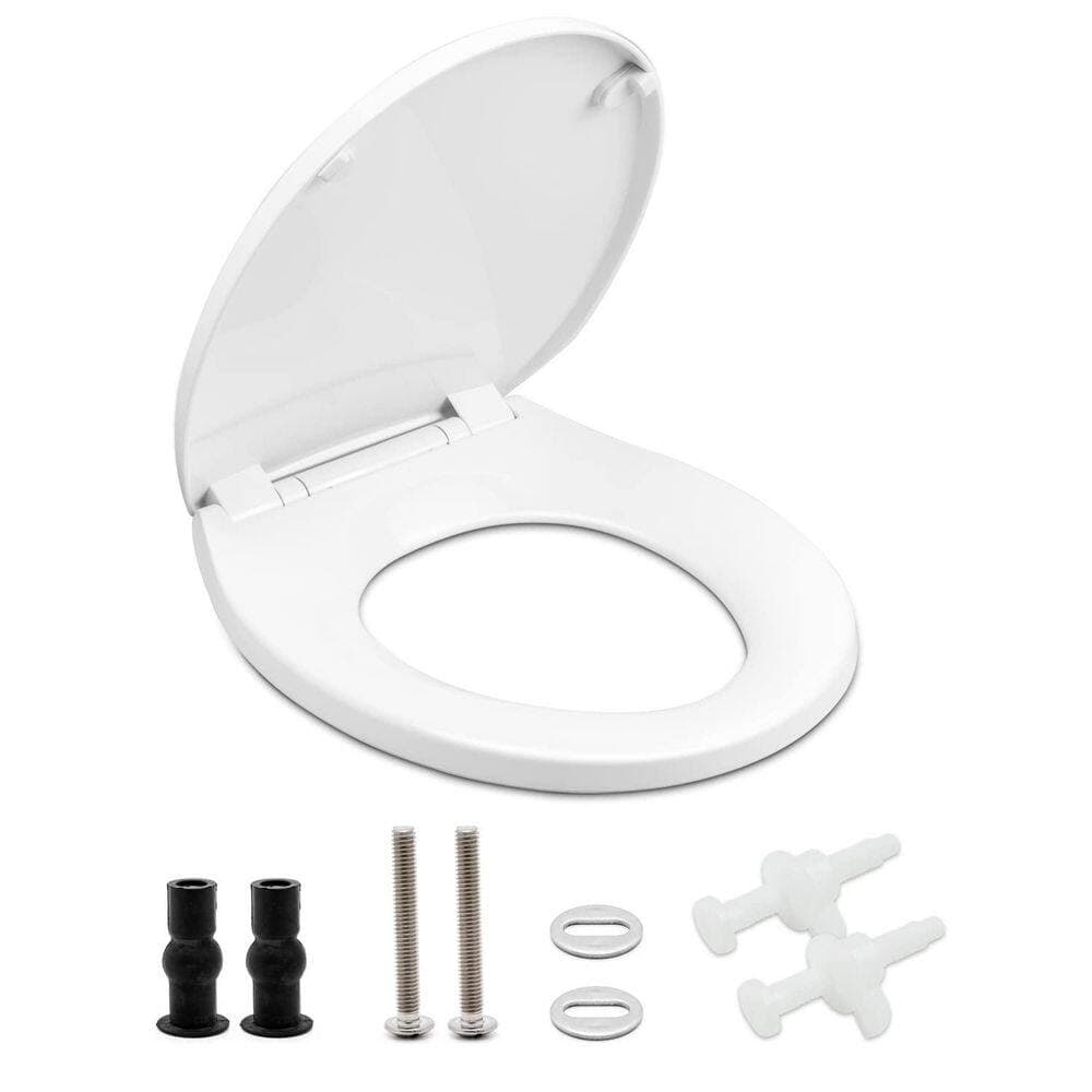 Numhew Toilet Seat Round with Slow Close Hinges in White, Four Bumpers, 2 Sets of Parts, Never Loosen and Easily Remove (2)