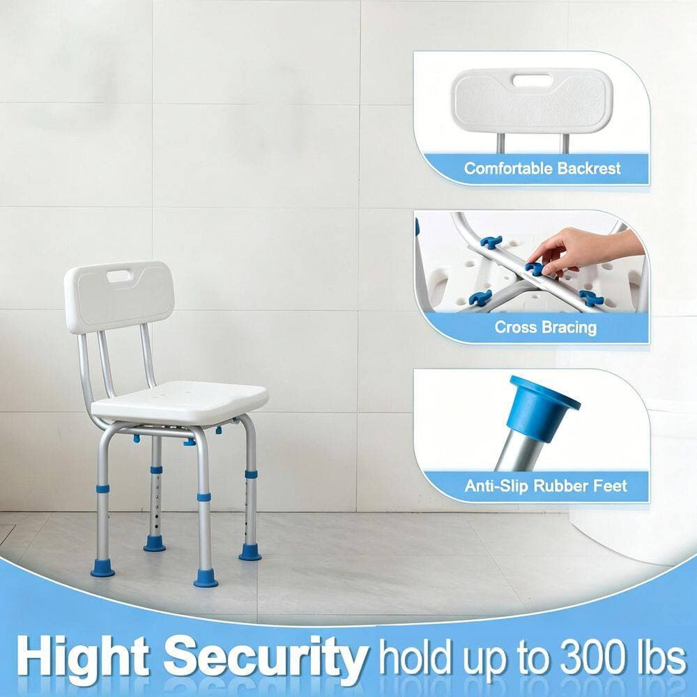 Numhew Aluminum Shower Chair in White with Back, Shower Stool, Shower Seat, Shower Chair, Waterproof, Height Adjustable (2)