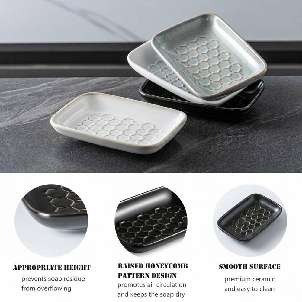 Unbranded Black Ceramic Soap Dish with Honeycomb Design Bar Soap Saver Tray for Bathroom Shower and Kitchen Sink (3)