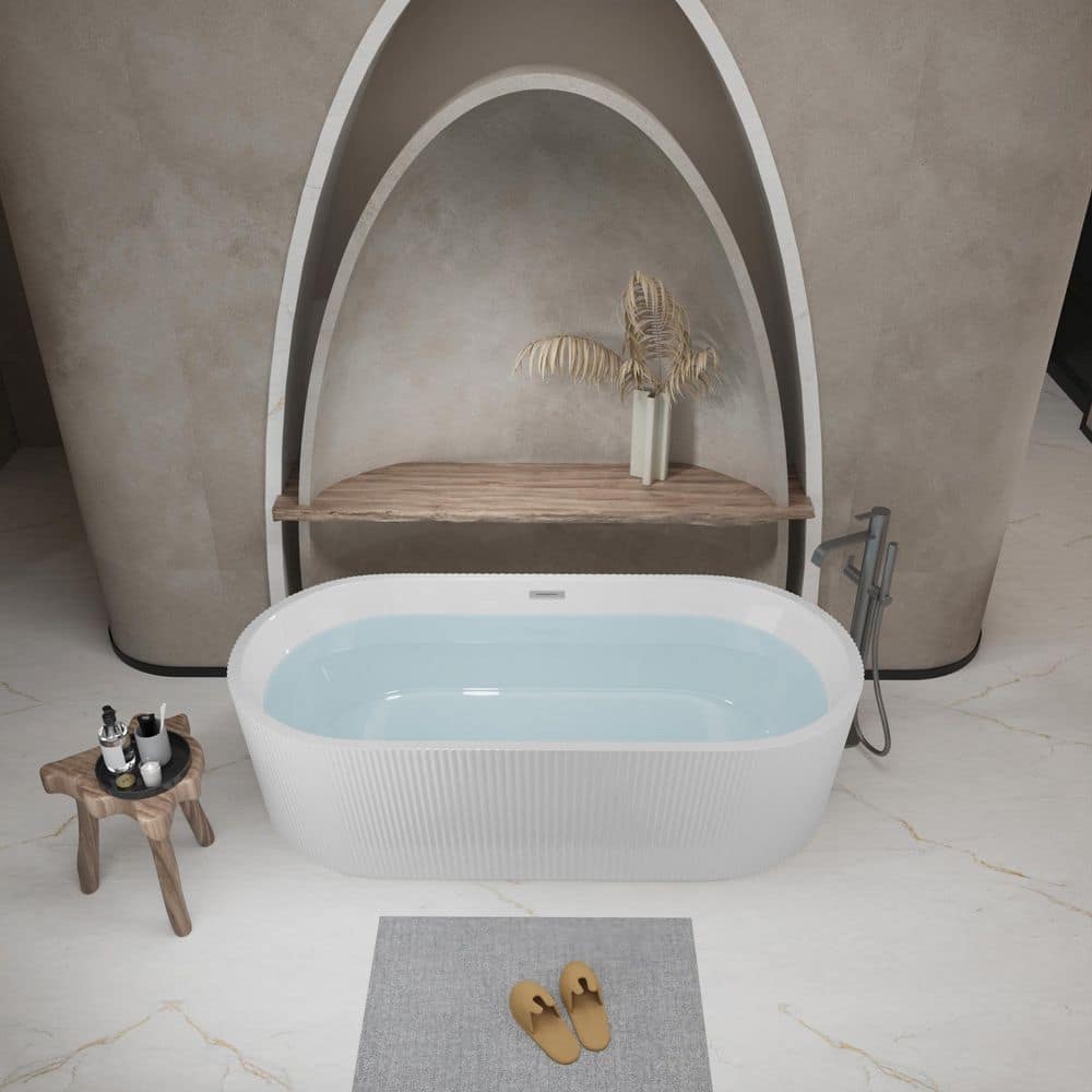 LIVACA 59.10 in. x 29.50 in. Flat Bottom Linear Acrylic Freestanding Soaking Bathtub with Center Drain in Glossy White (2)