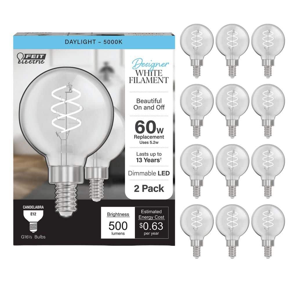 Feit Electric 60-Watt Equivalent G16.5 Double Spiral White Thin Filament Clear E12 Candelabra LED Light Bulb, Daylight 5000K 12-Pack