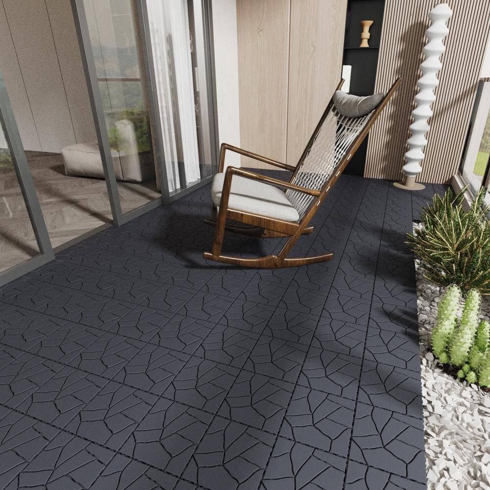 Unbranded 44-Pieces StoneStyle 12 in. Patio Module Interlocking Decking Tile for Porch Poolside Balcony Backyard Plastic DARK GRAY (3)