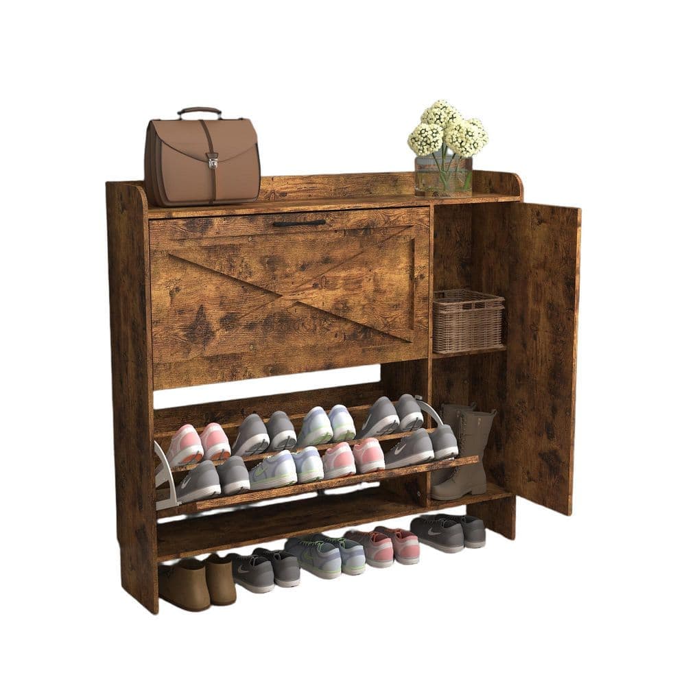 Tahanbath 9.45 in. W x 43.30 in. D x 40.55 in. H Brown MDF Freestanding Linen Cabinet with 2 Flip Drawers for Entryway in Brown (1)
