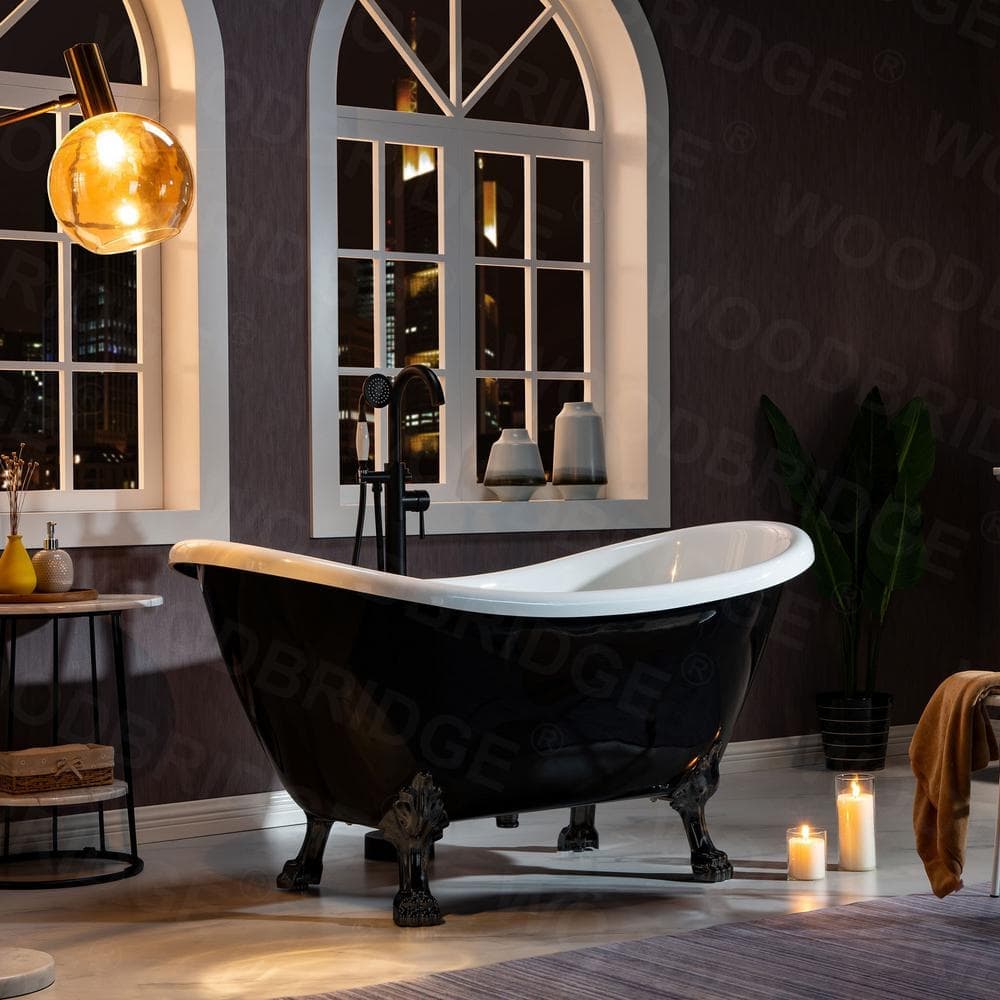 WOODBRIDGE Eurek 59" Heavy Duty Acrylic Double Slipper Clawfoot Bath Tub in Black,Claw Feet,Drain and Overflow in Matte Black (2)