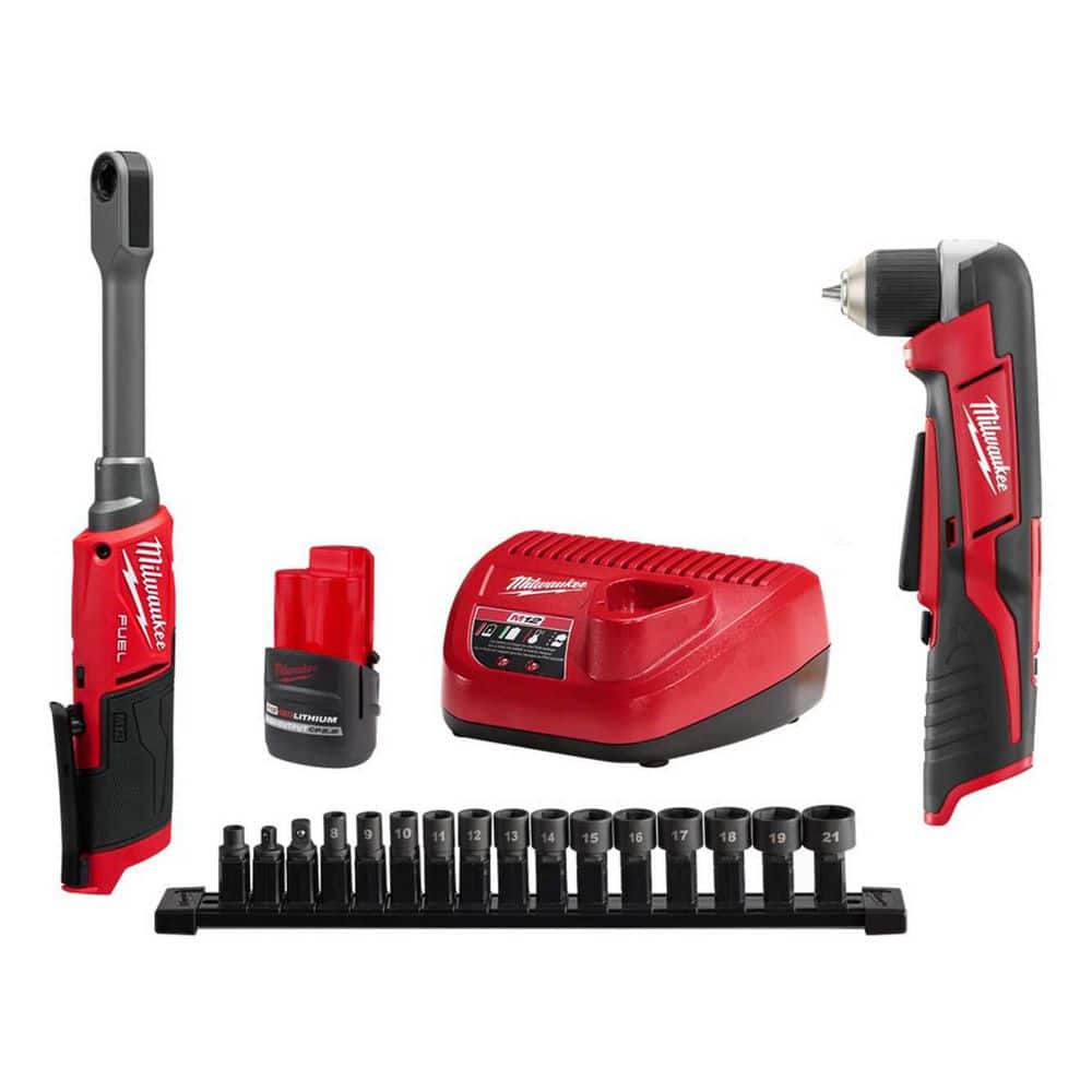 Milwaukee M12 FUEL INSIDER 12V Lithium-Ion Brushless 1/4-3/8 in. Extended Reach Cordless Ratchet Box Kit w Battery & RA Drill