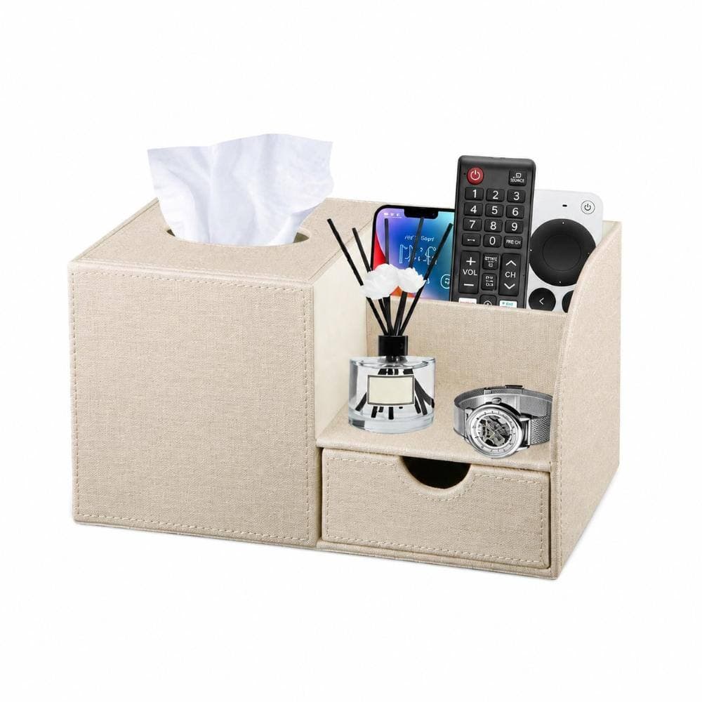 Unbranded Nightstand Organizer with Tissue Holder PU Leather Cover for Tissue Box and Remote End Table Beige Tone (2)